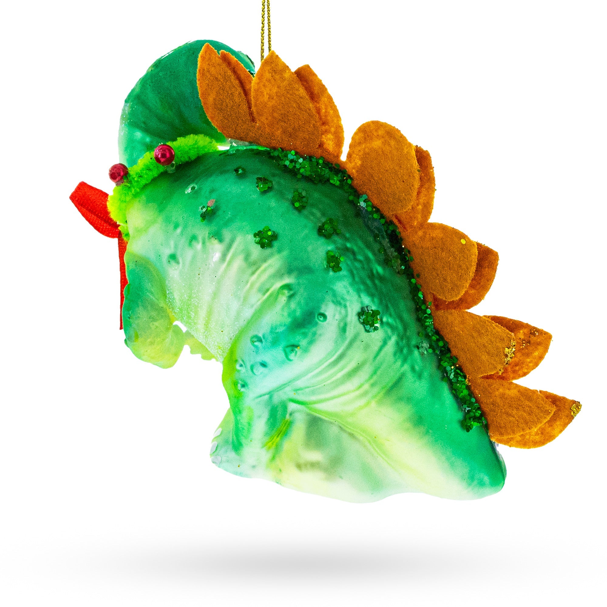 Green Dinosaur with Gifts Glass Christmas Ornament