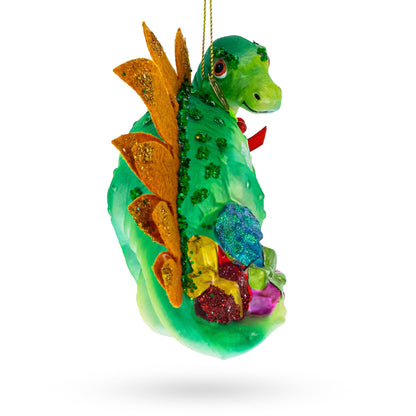 Green Dinosaur with Gifts Glass Christmas Ornament