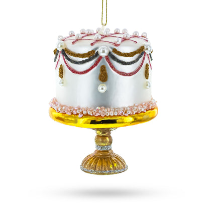 Pearl-Adorned Celebration Cake Glass Christmas Ornament