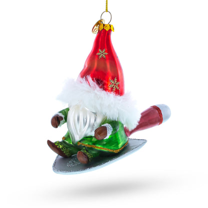 Scandinavian Gnome Riding a Shield Glass Christmas Ornament