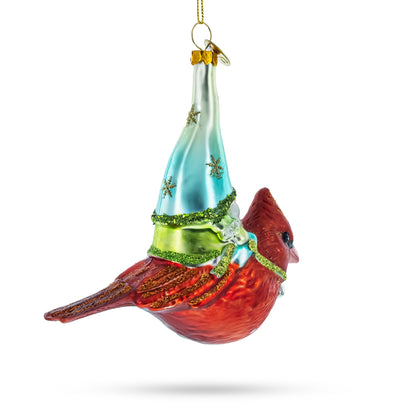 Gnome Riding Red Cardinal Glass Christmas Ornament