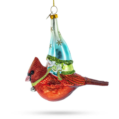 Gnome Riding Red Cardinal Glass Christmas Ornament