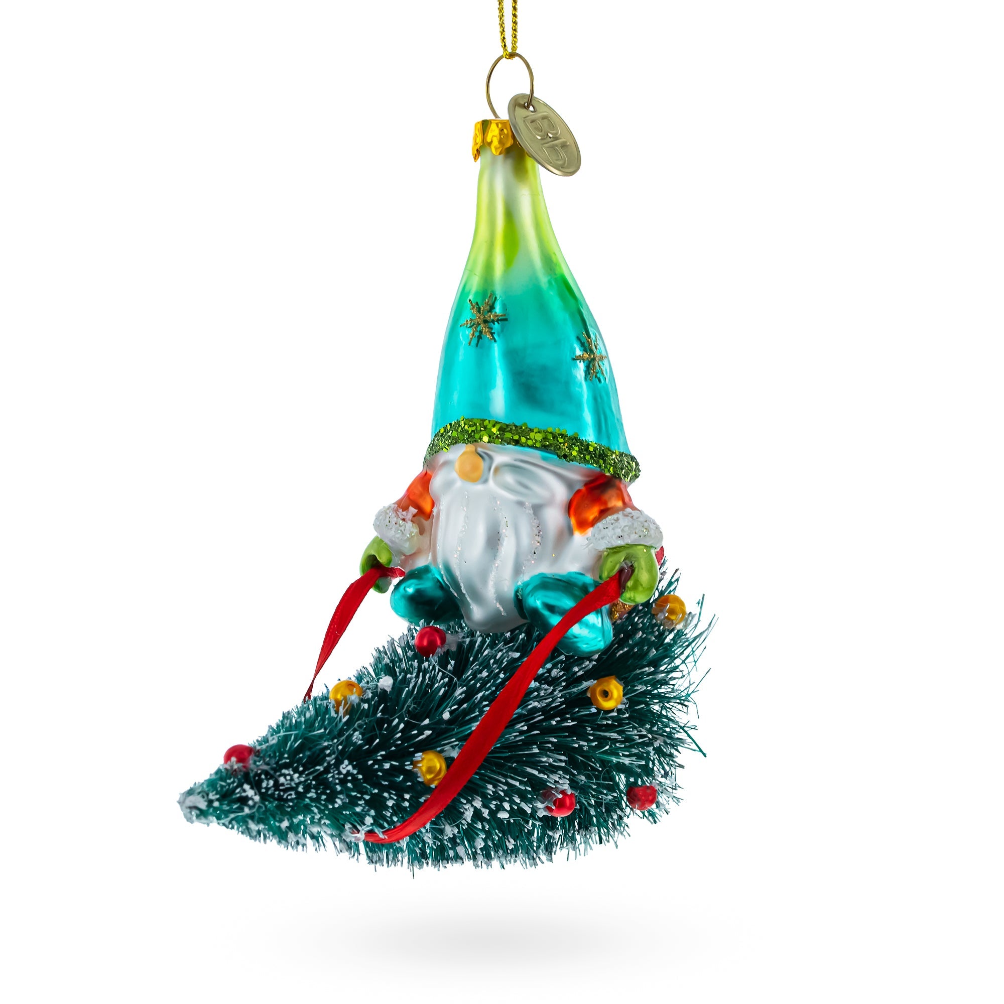 Gnome Adventurer Riding a Festive Tree Glass Christmas Ornament
