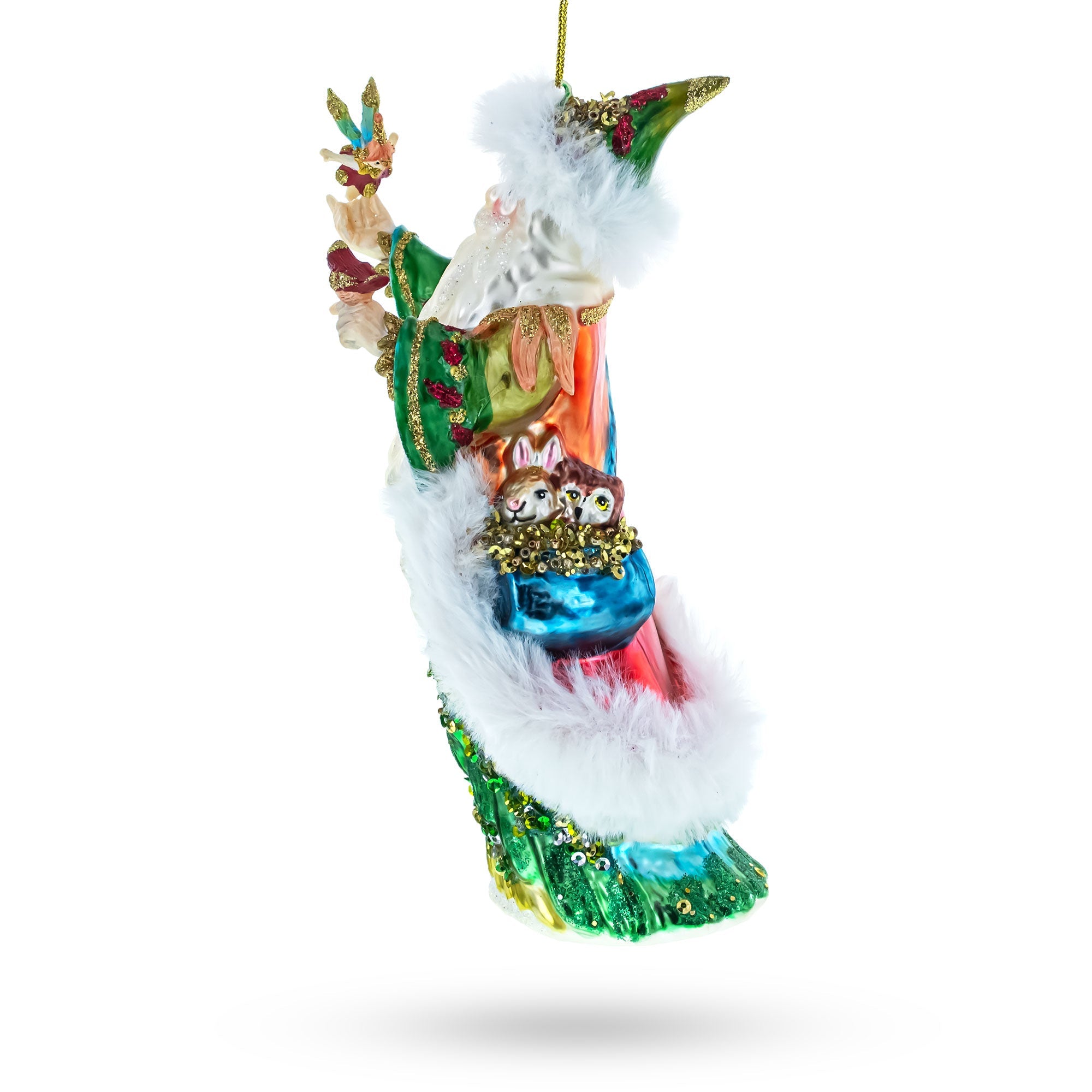 Woodland Santa with Birds Glass Christmas Ornament
