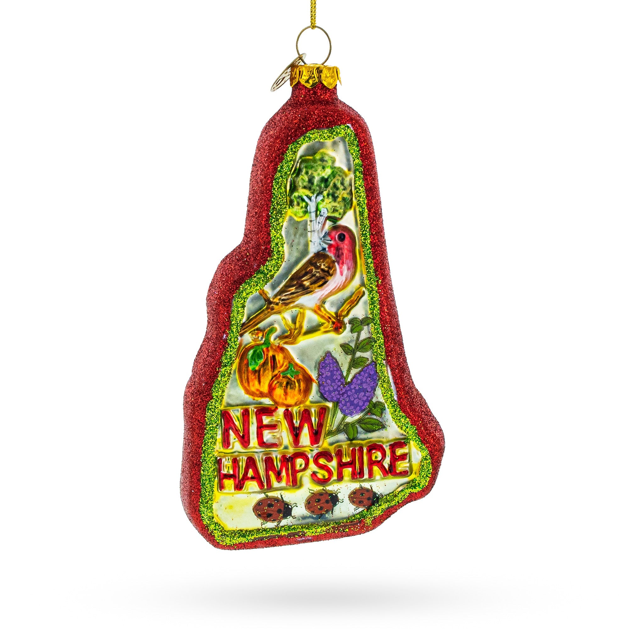 State of New Hampshire Symbols, USA Glass Christmas Ornament