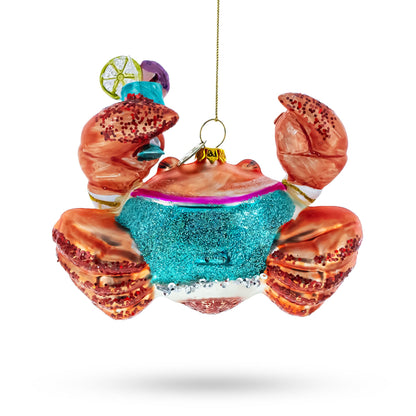 Cheerful Crab at Cocktail Party Glass Christmas Ornament