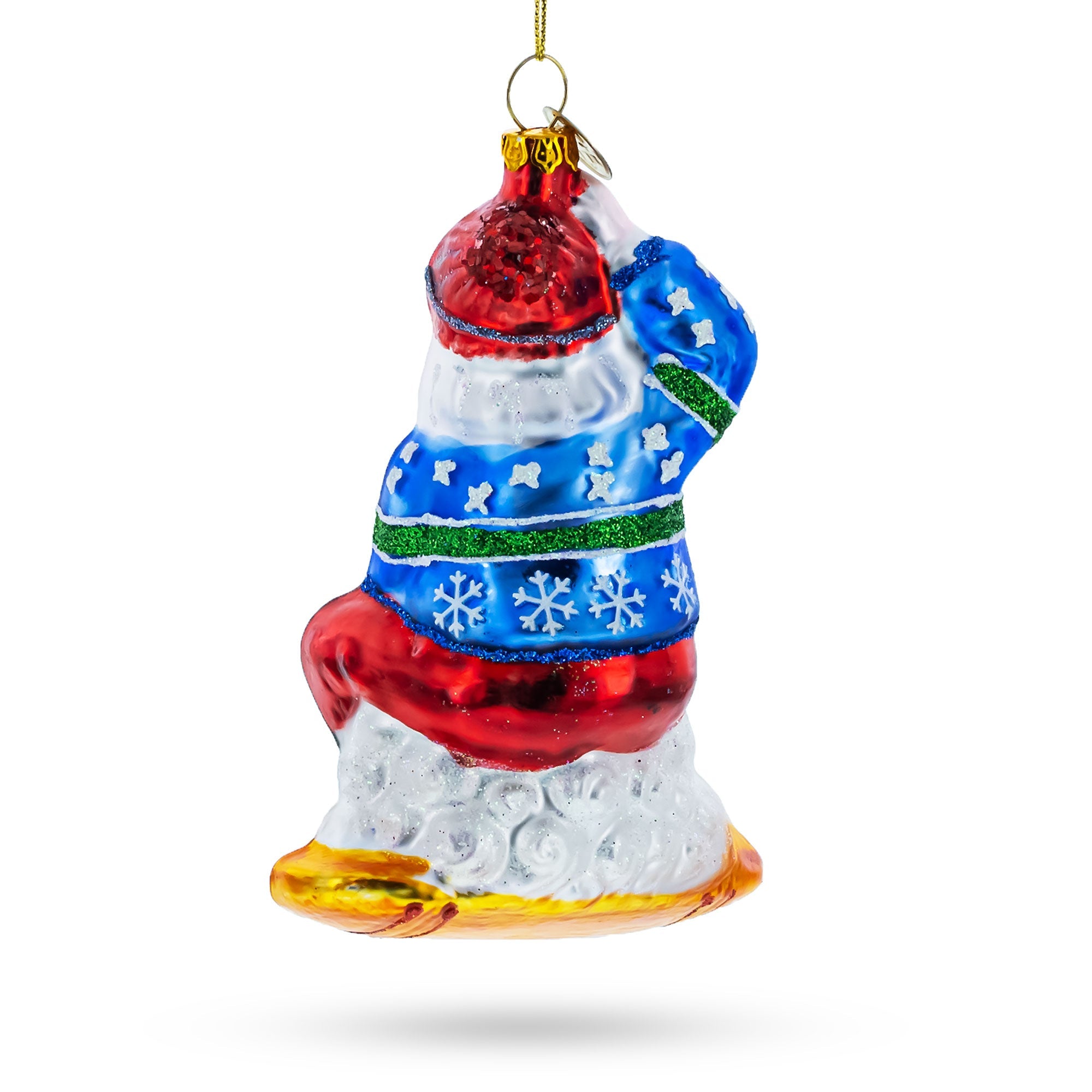 Snowboarding Santa Glass Christmas Ornament