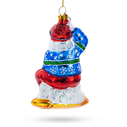 Snowboarding Santa Glass Christmas Ornament