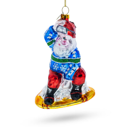 Snowboarding Santa Glass Christmas Ornament