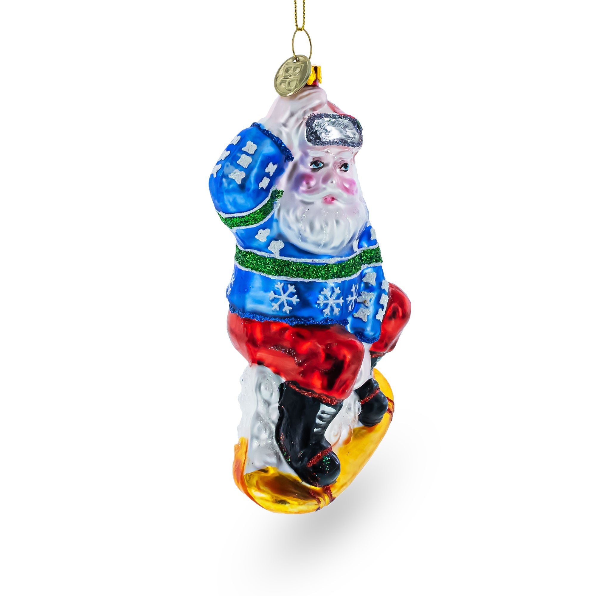Snowboarding Santa Glass Christmas Ornament
