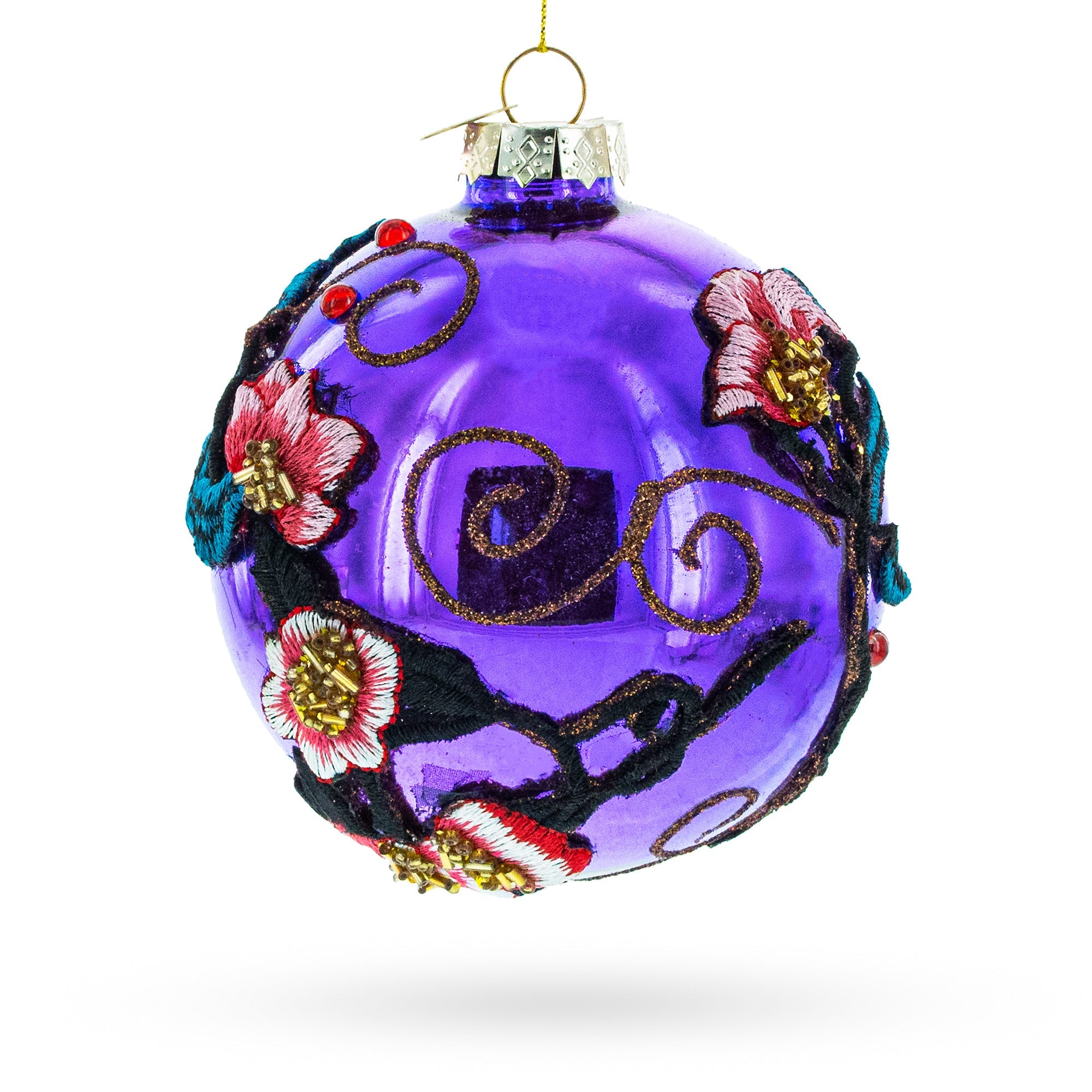 Embroidered Flowers on Purple Glass Ball Christmas Ornament