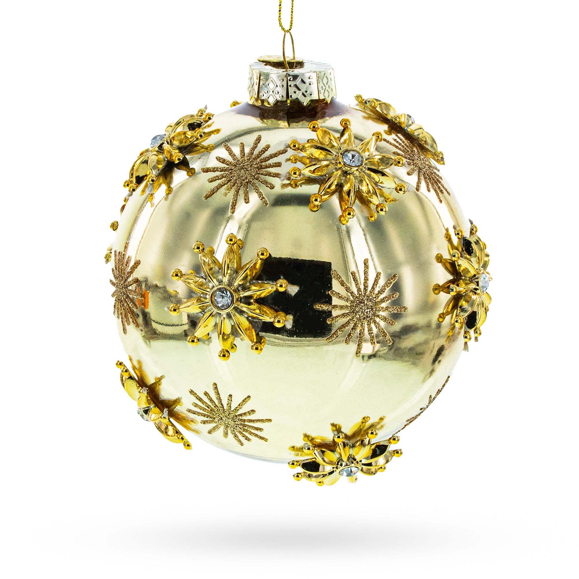 Jeweled Snowflakes Adorning a Golden Glossy Glass Ball Christmas Ornament