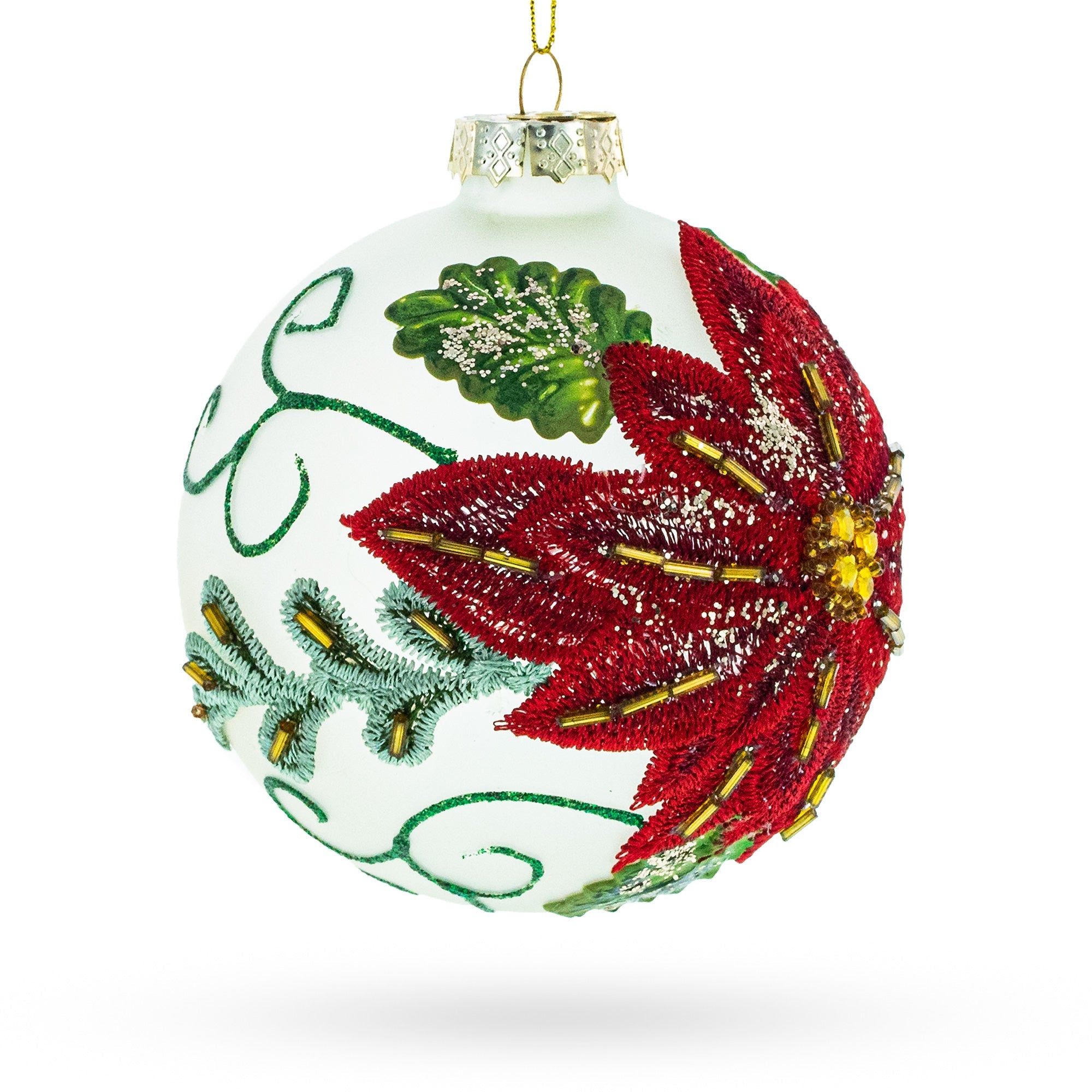 Beaded Red Flower Adorning Glass Ball Christmas Ornament