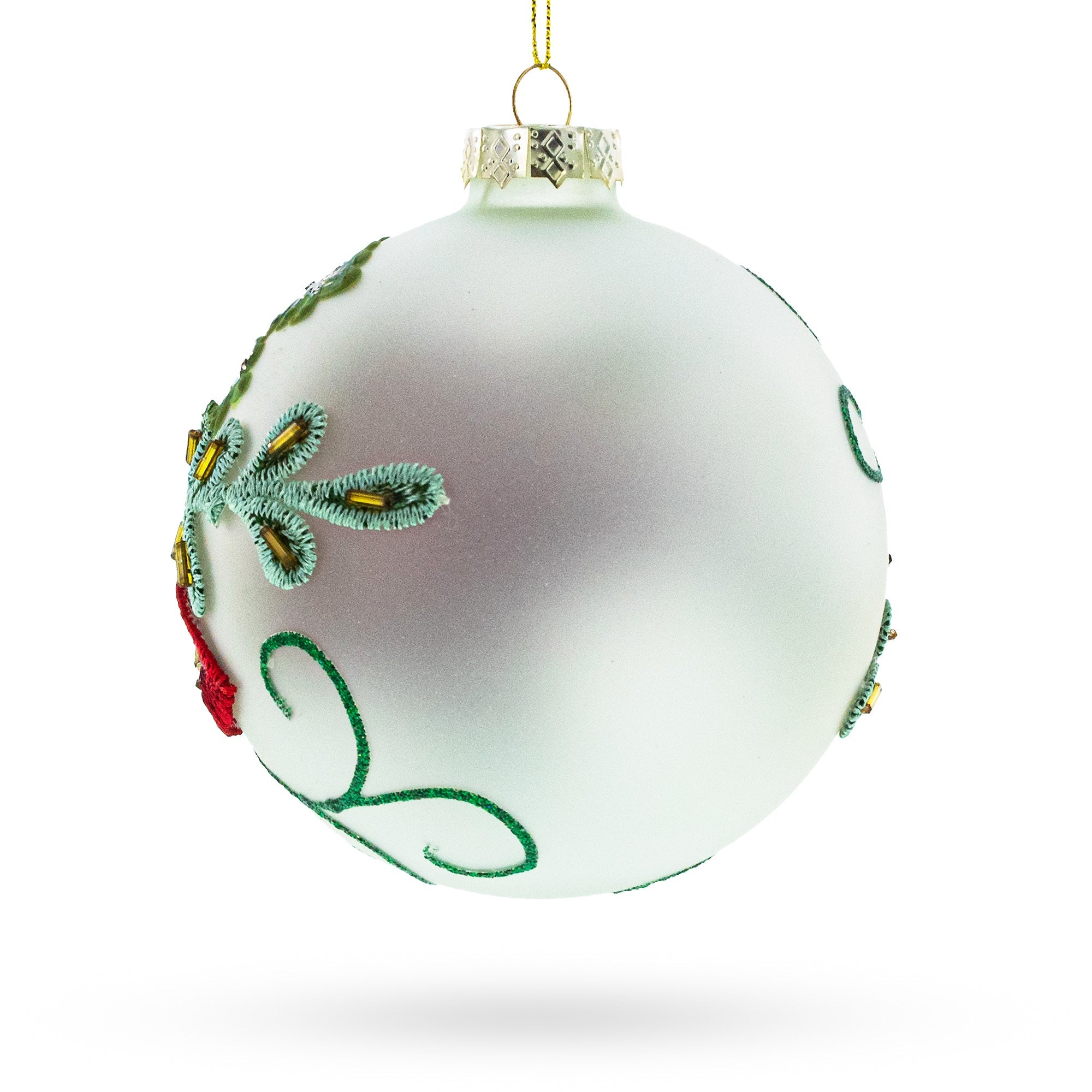 Beaded Red Flower Adorning Glass Ball Christmas Ornament