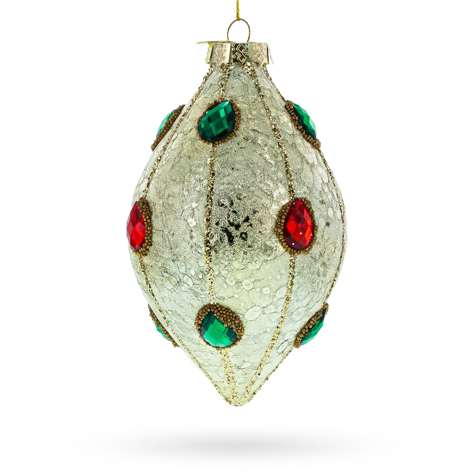 Green and Red Rhombus Glass Christmas Ornament Adorned with Jewelry