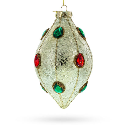 Green and Red Rhombus Glass Christmas Ornament Adorned with Jewelry