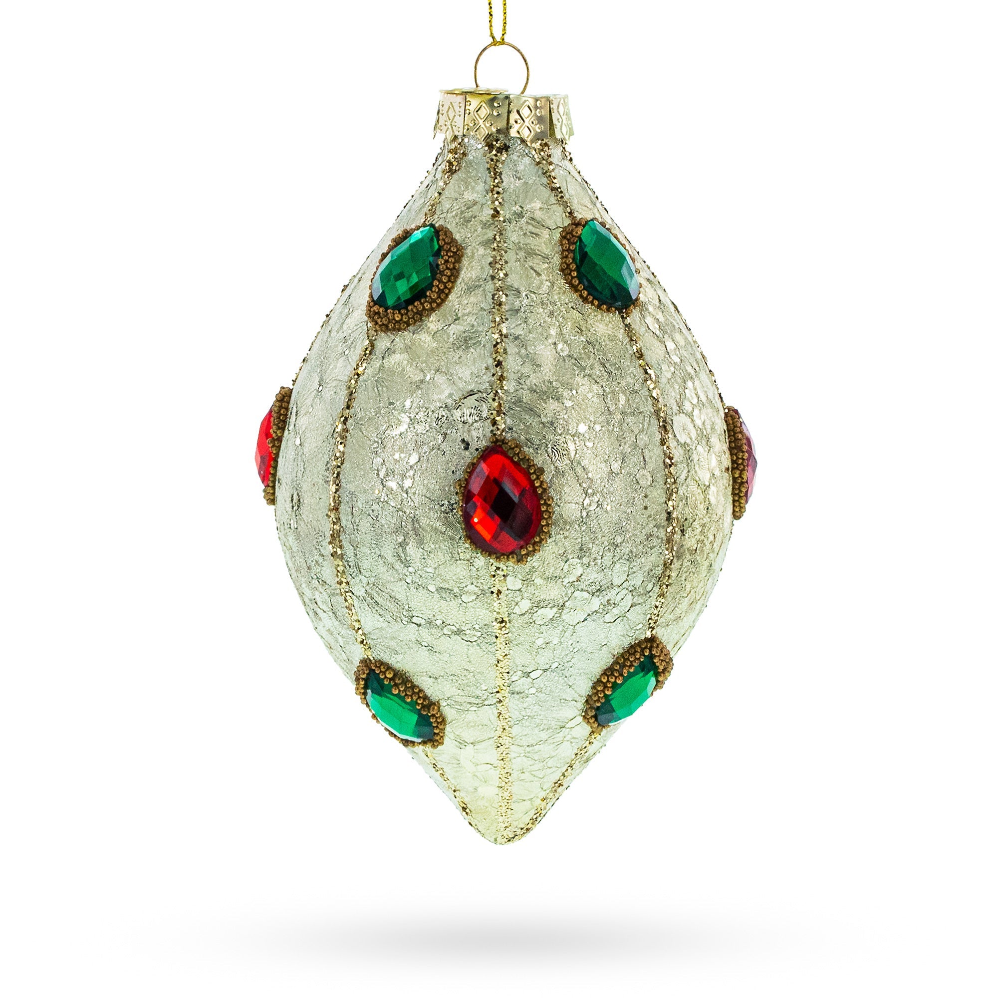 Green and Red Rhombus Glass Christmas Ornament Adorned with Jewelry