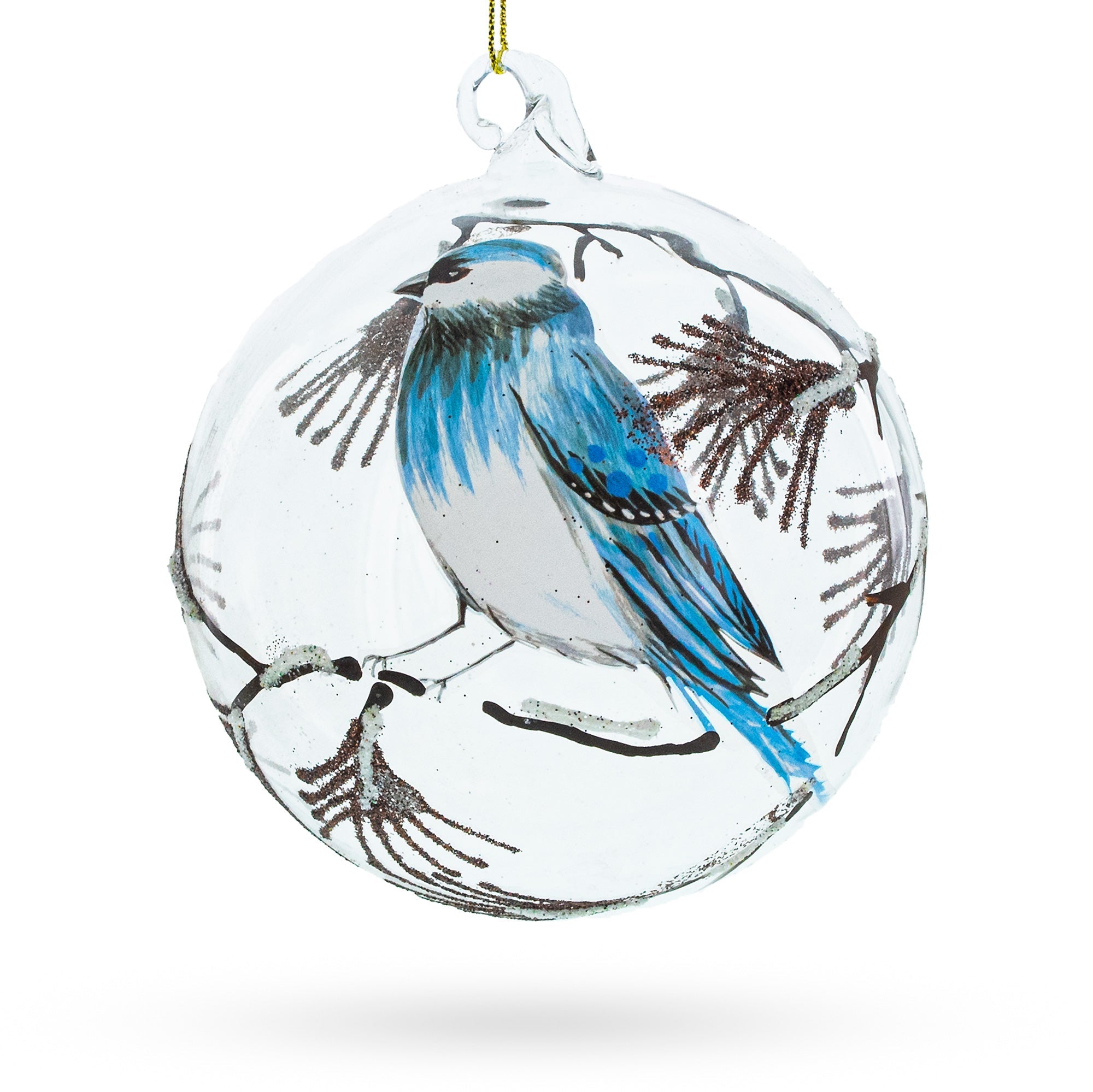 Bluebird In Frosted Forest Scene Glass Ball Christmas Ornament