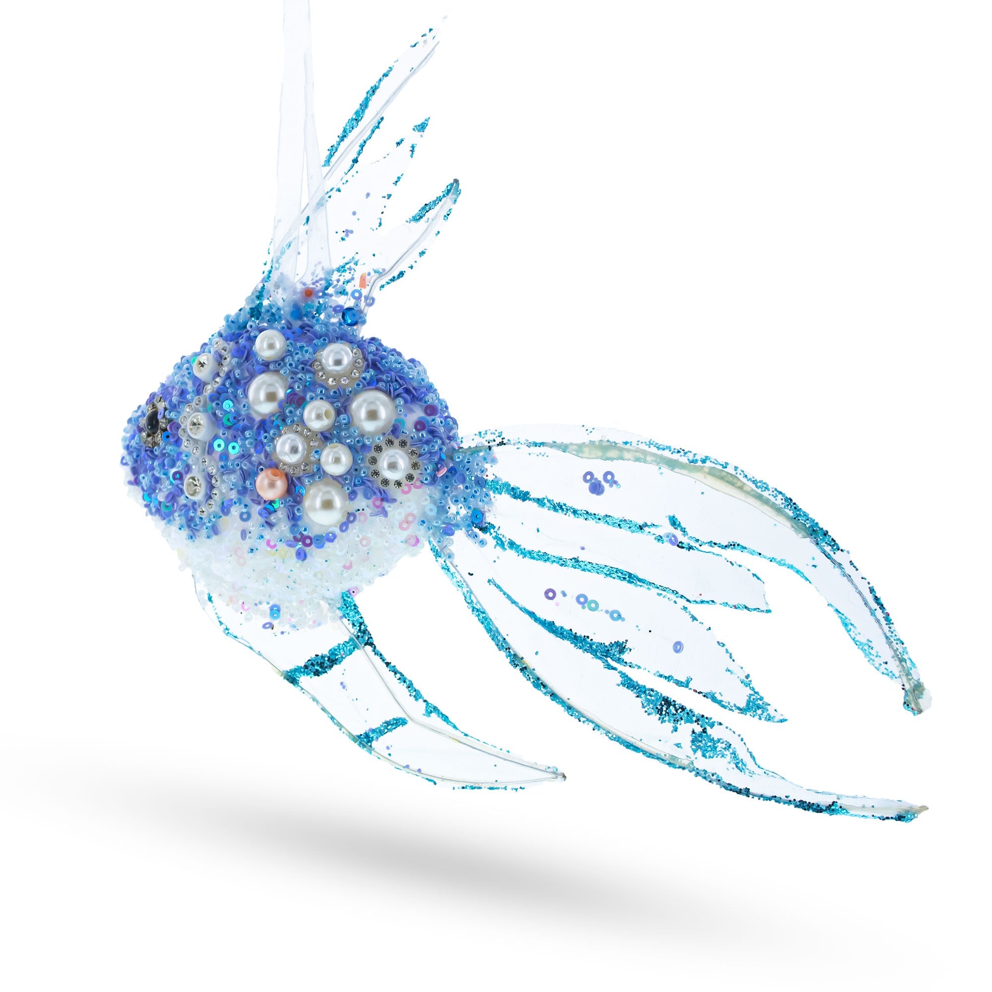 Beaded Blue Coral Reef Fish Glass Christmas Ornament