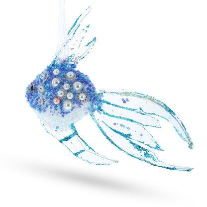Beaded Blue Coral Reef Fish Glass Christmas Ornament
