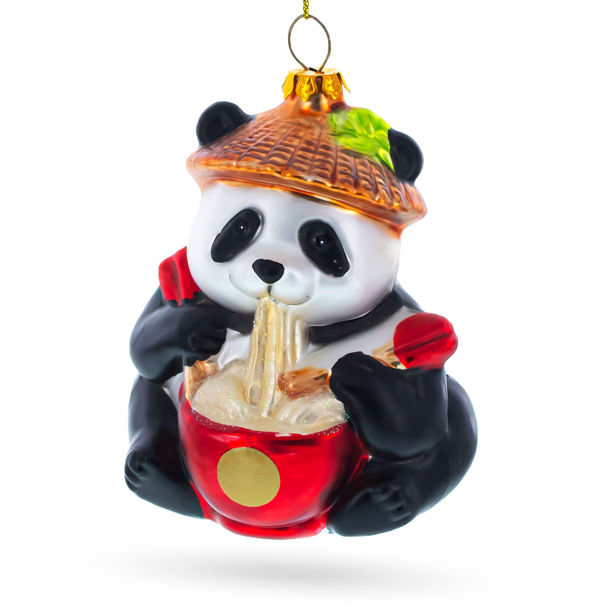 Panda Eating Ramen Glass Christmas Ornament
