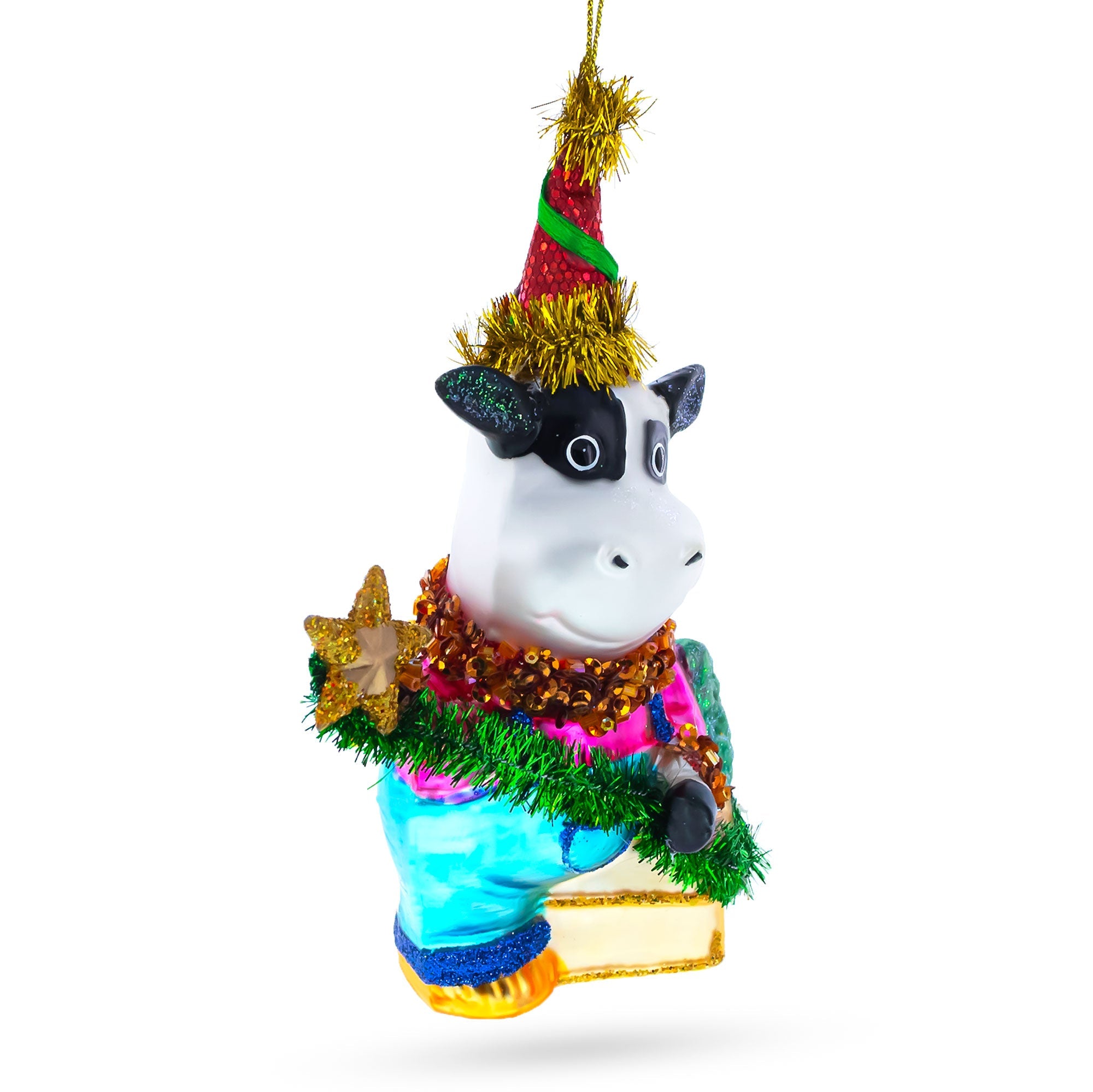 Cow Riding a Star Glass Christmas Ornament