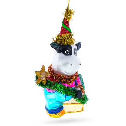 Cow Riding a Star Glass Christmas Ornament