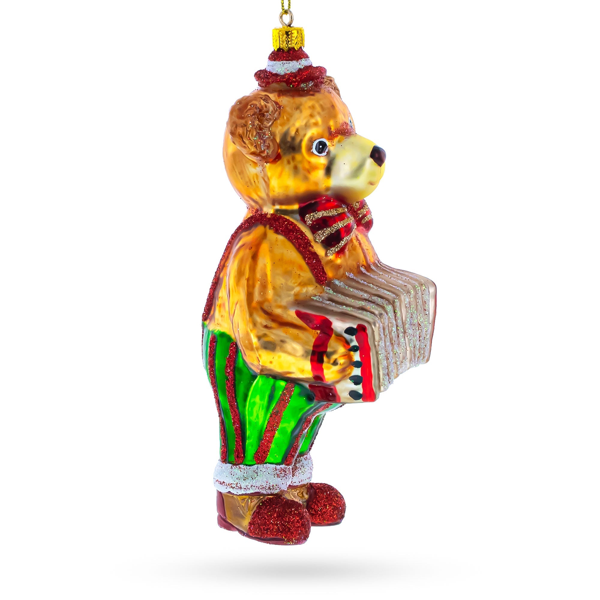 Bear Playing on Accordion Glass Christmas Ornament