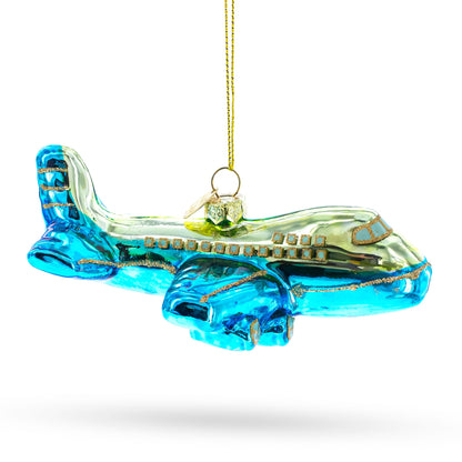 Blue Airplane Glass Christmas Ornament