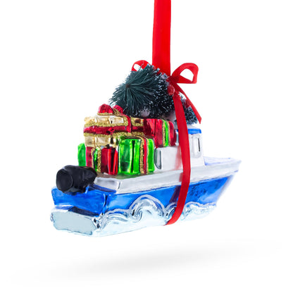 Boat with Tree and Present Glass Christmas Ornament