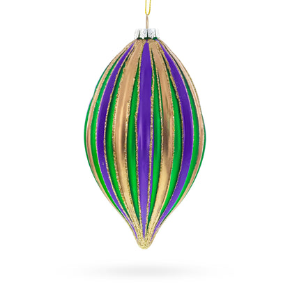 Striped Purple, Green, and Gold Teardrop Finial Glass Christmas Ornament