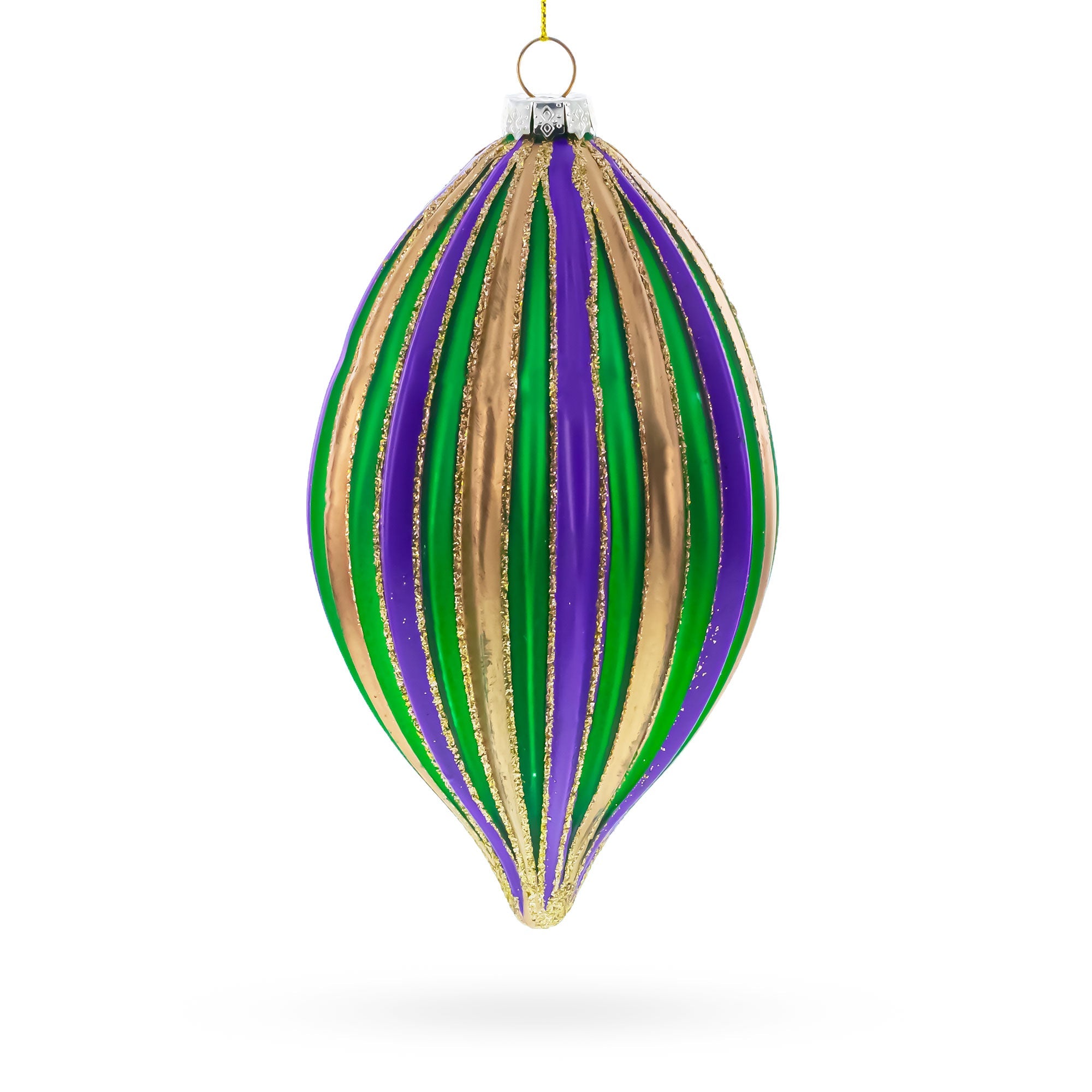 Striped Purple, Green, and Gold Teardrop Finial Glass Christmas Ornament