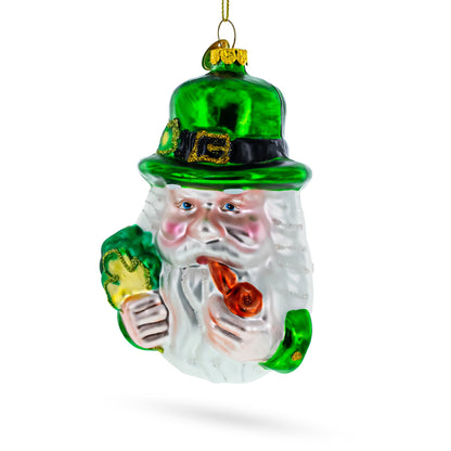 Irish Santa with Shamrock and Pipe Glass Christmas Ornament