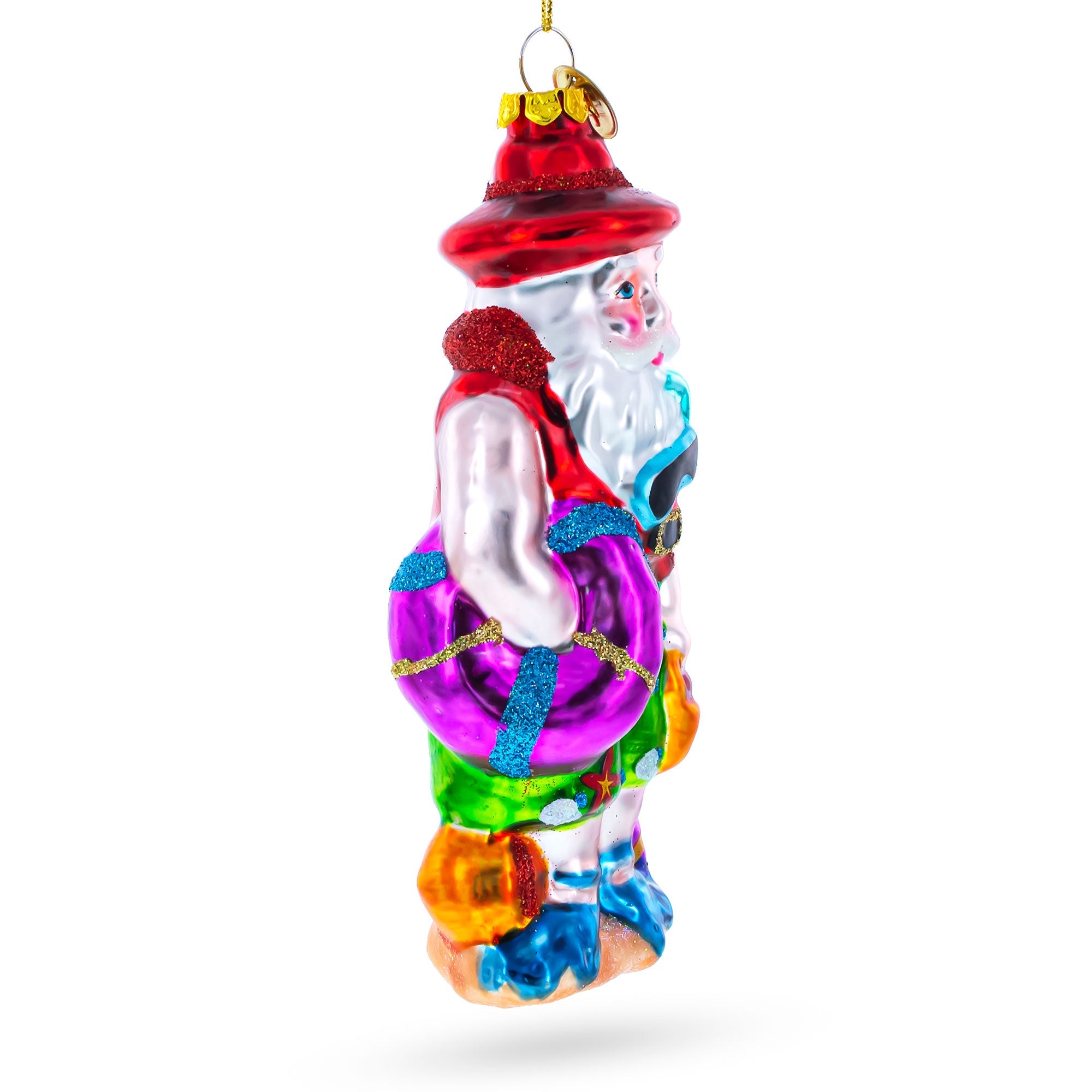 Tropical Diver Santa on the Beach Glass Christmas Ornament