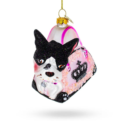 Boston Terrier in Pink Handbag Glass Christmas Ornament BestPysanky