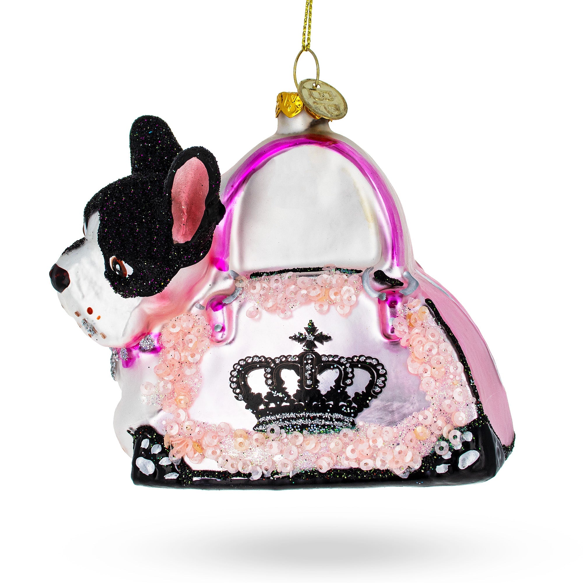Boston Terrier in Pink Handbag Glass Christmas Ornament BestPysanky