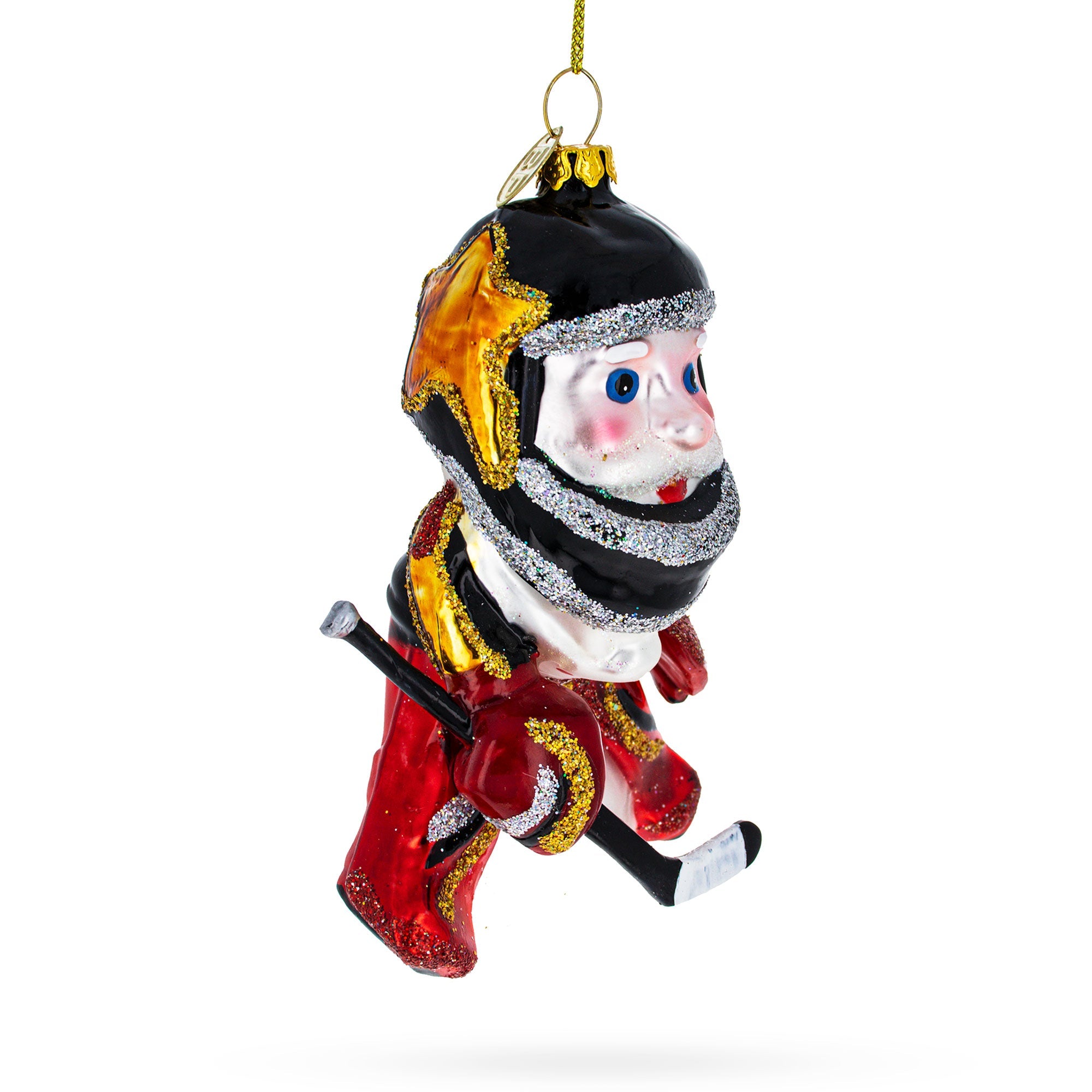 Santa in Ice Hockey Gear Glass Christmas Ornament