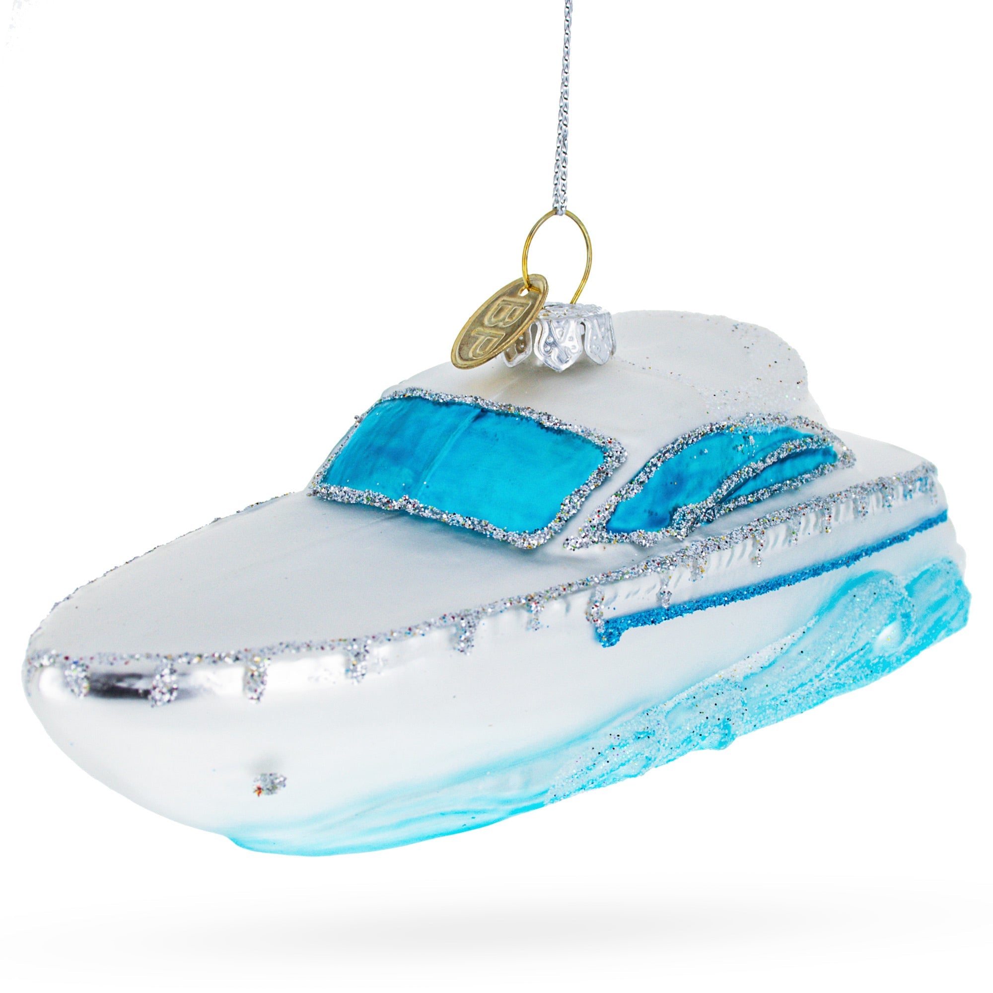White Yacht Powerboat Glass Christmas Ornament
