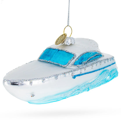 White Yacht Powerboat Glass Christmas Ornament