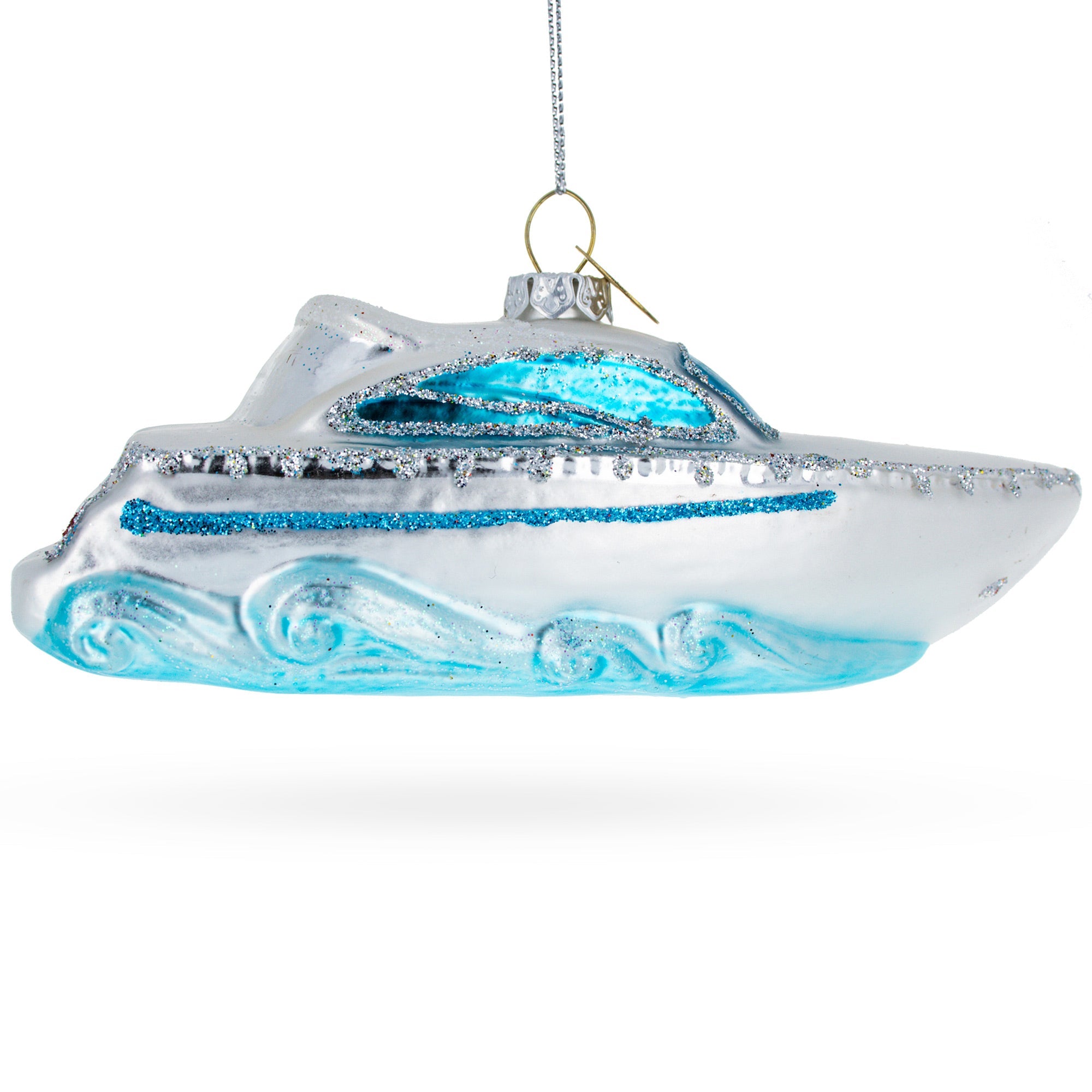 White Yacht Powerboat Glass Christmas Ornament