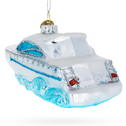 White Yacht Powerboat Glass Christmas Ornament