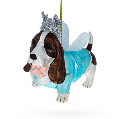Basset Dog with Crown and Wings Glass Christmas Ornament