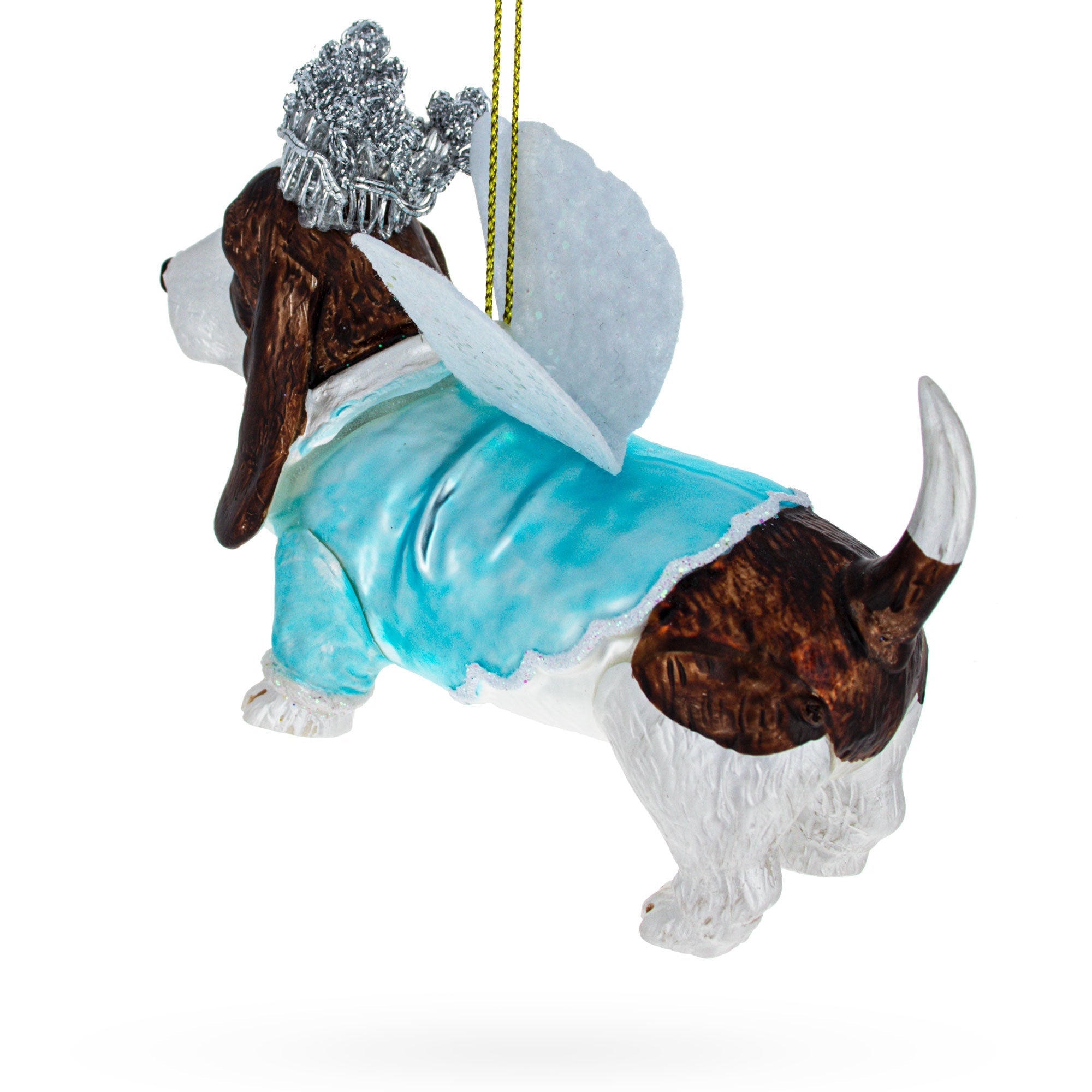 Basset Dog with Crown and Wings Glass Christmas Ornament