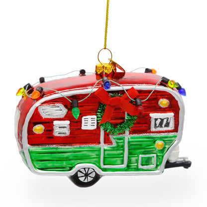 Camper Trailer with Lights Glass Christmas Ornament
