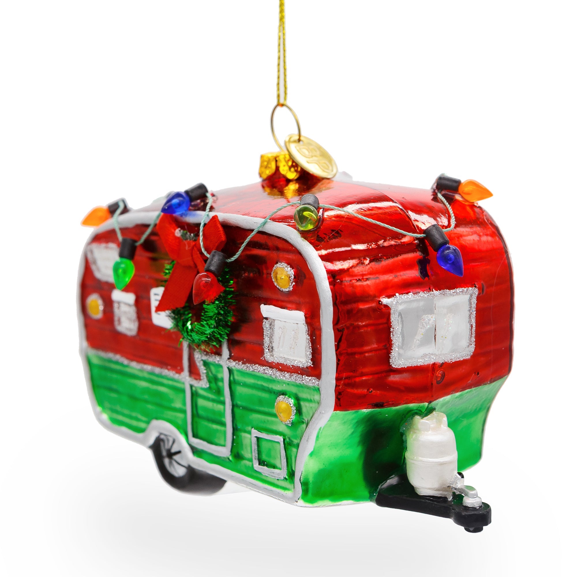 Camper Trailer with Lights Glass Christmas Ornament