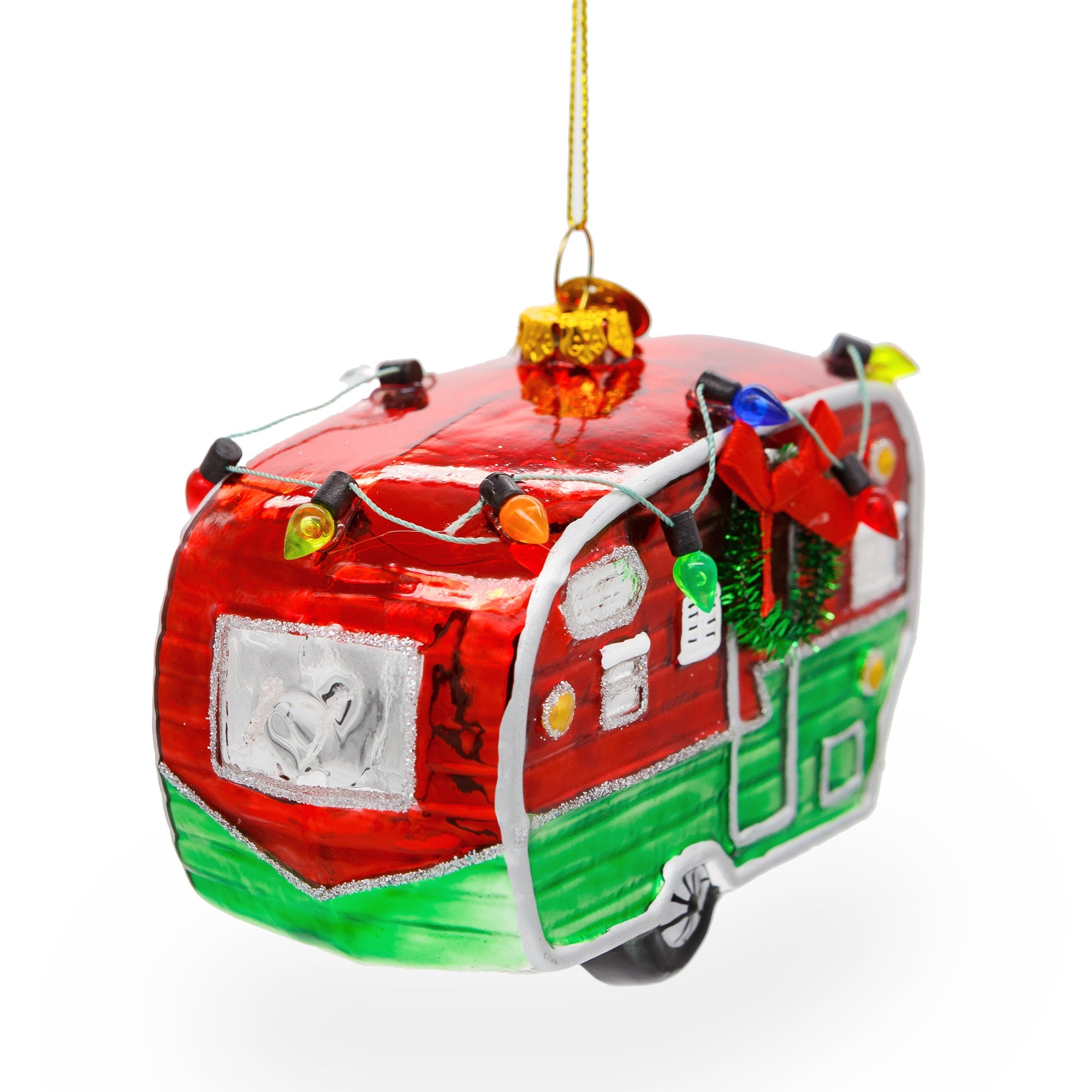 Camper Trailer with Lights Glass Christmas Ornament