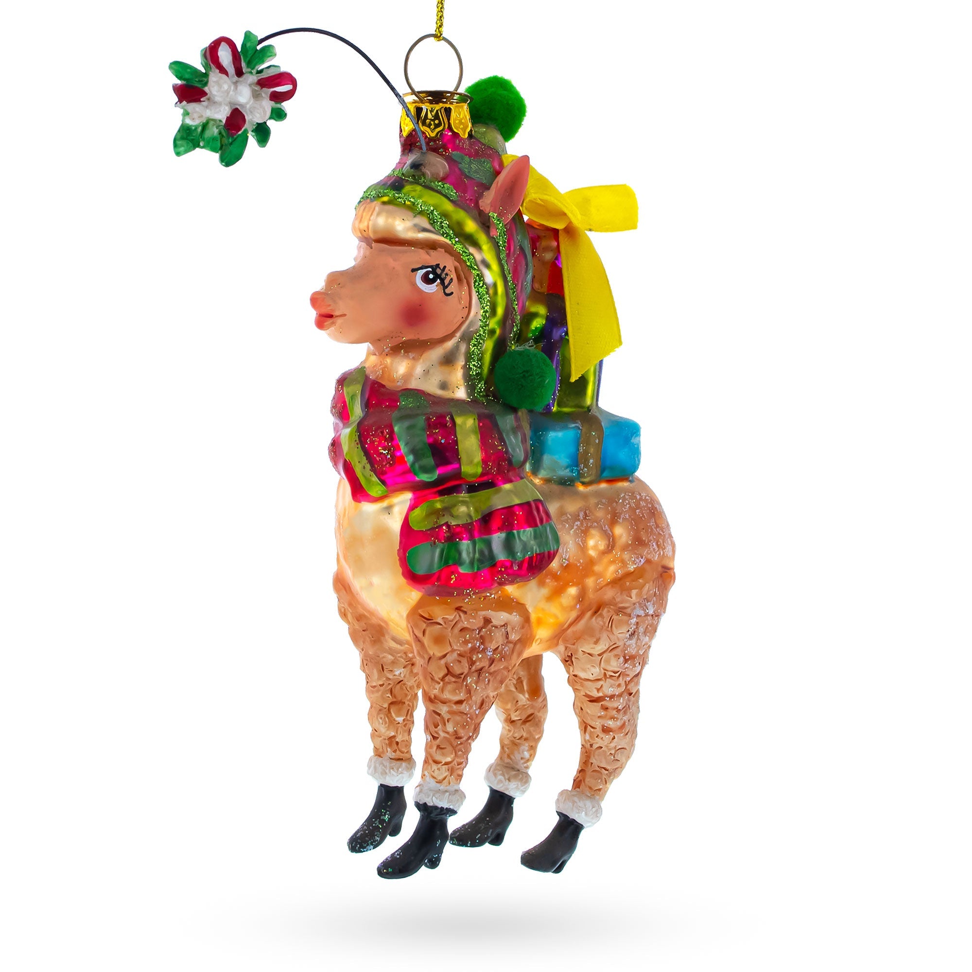 Lama Carrying Gifts Glass Christmas Ornament