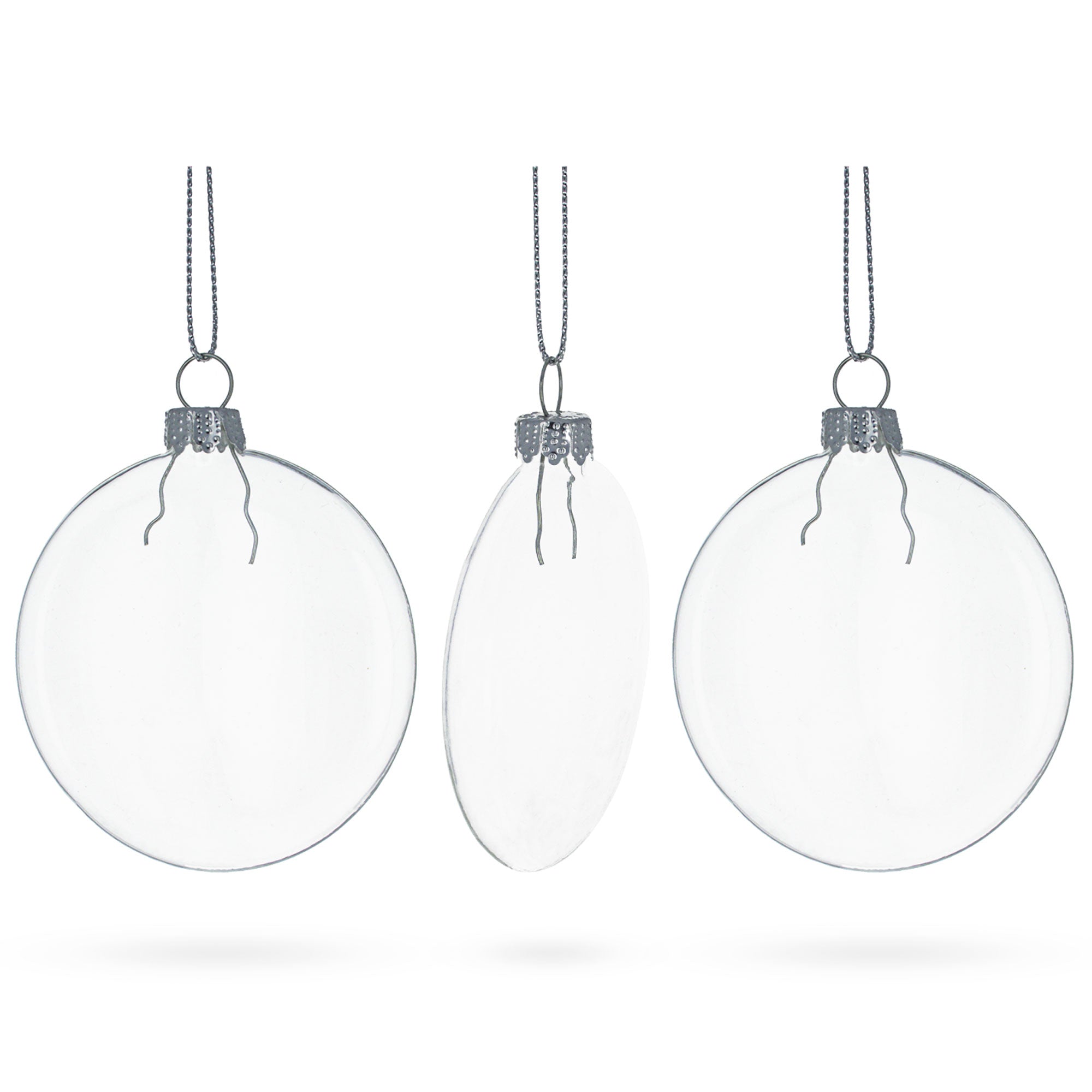 Set of 3 Flat Disc Clear Mini Glass Christmas Ornaments 2.85 Inches
