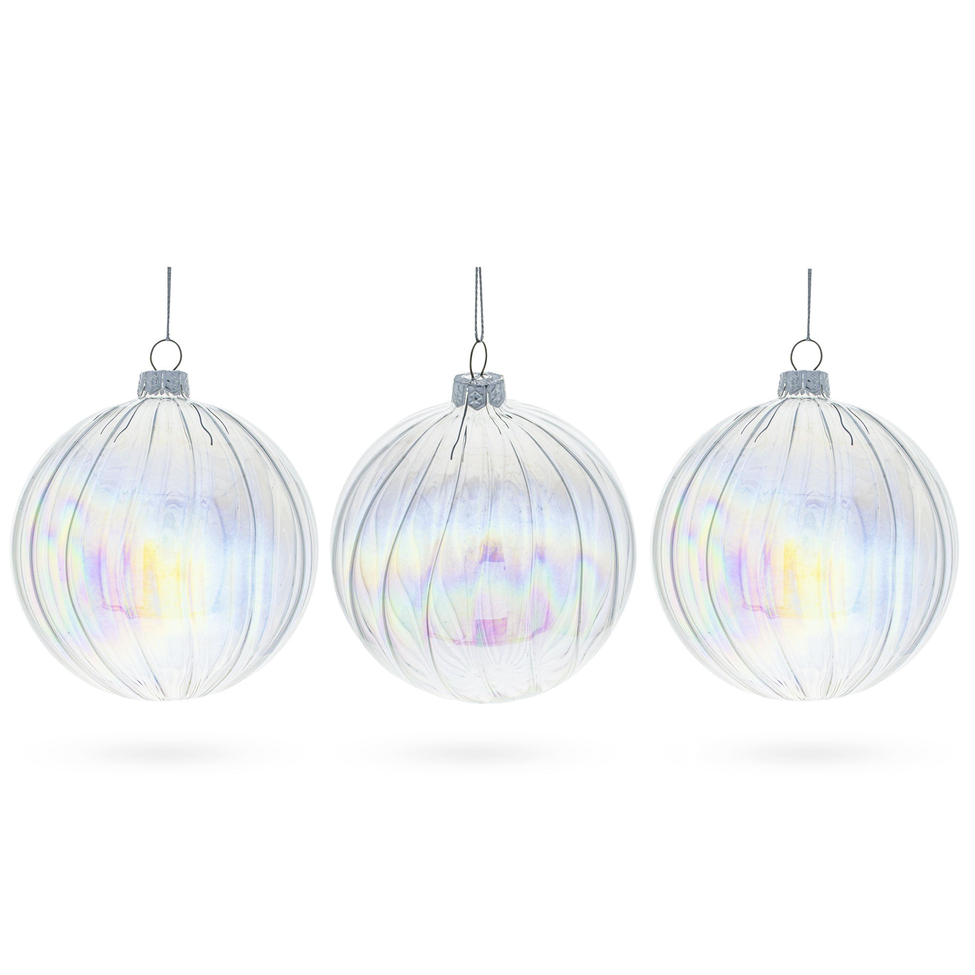 Set of 3 Iridescent Clear Glass Ball Christmas Ornaments 3.6 Inches