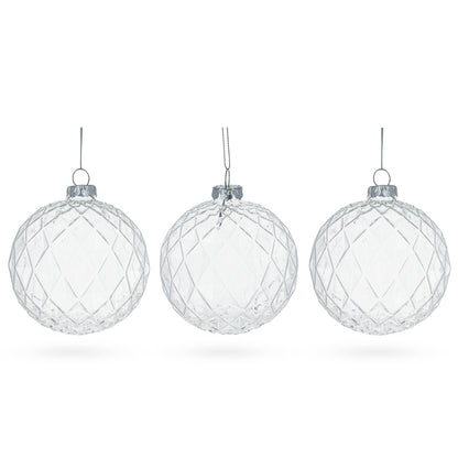 Set of 3 Ribbed Clear Glass Ball Christmas Ornaments 3.5 Inches